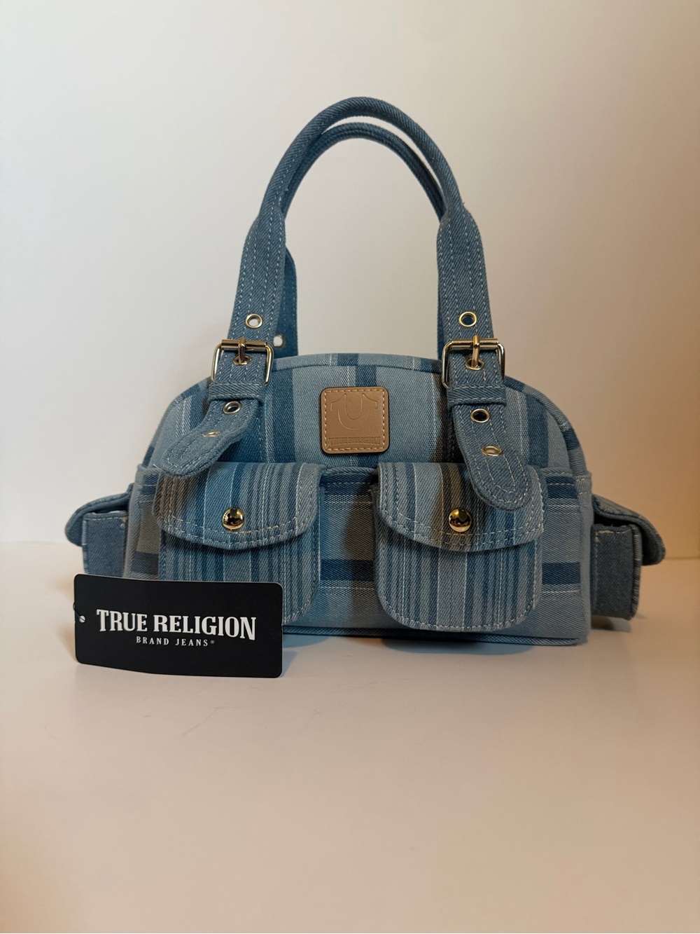 True Religion Blue Striped Denim Satchel Bag | Gold Hardware Pocket Purse NWT